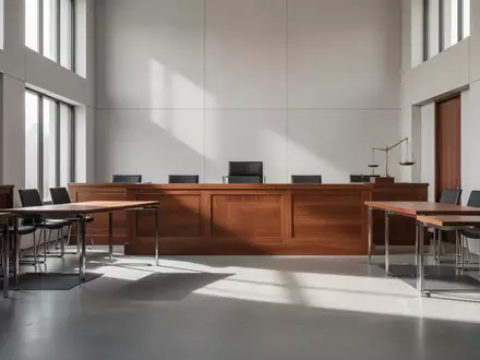 Ein leerer Gerichtssaal mit einer hölzernen Richterbank und einfallendem Tageslicht. - Foto: über boerse-global.de