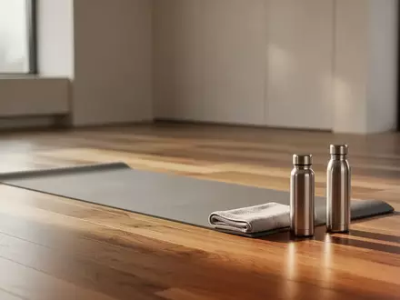 Eine hochwertige Yogamatte auf einem hellen Holzboden in einem minimalistischen, sonnendurchfluteten Fitnessraum. - Foto: über boerse-global.de