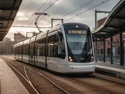 Eine moderne Saarbahn steht leer an einer städtischen Haltestelle vor einem bewölkten Himmel. - Foto: über boerse-global.de