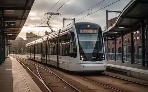 Eine moderne Saarbahn steht leer an einer städtischen Haltestelle vor einem bewölkten Himmel. - Foto: über boerse-global.de
