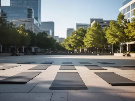 Leere Yogamatten auf einem sonnigen, städtischen Platz im Spätsommer, umgeben von moderner Architektur und Stadtgrün. - Foto: über boerse-global.de