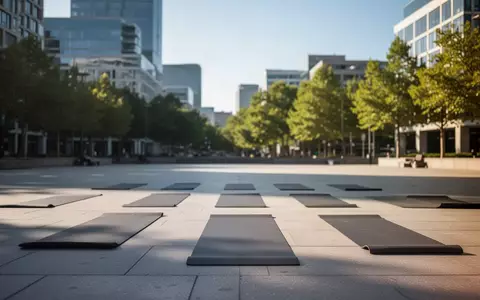 Leere Yogamatten auf einem sonnigen, städtischen Platz im Spätsommer, umgeben von moderner Architektur und Stadtgrün. - Foto: über boerse-global.de