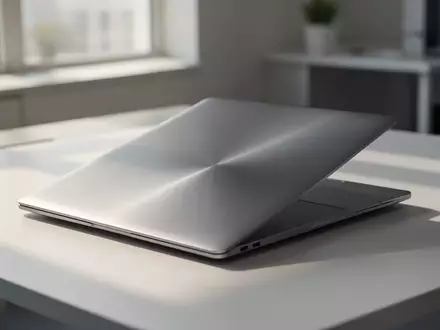Ein geschlossenes, modernes Notebook auf einem minimalistischen Schreibtisch in einem hellen Büro. - Foto: über boerse-global.de
