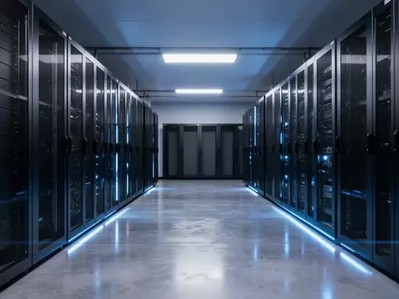 Modernes Server-Rechenzentrum mit blauer Beleuchtung und metallischen Racks in einer industriellen Umgebung. - Foto: über boerse-global.de