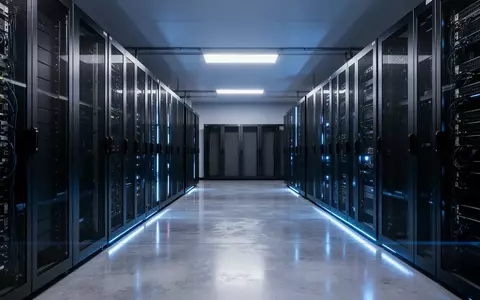 Modernes Server-Rechenzentrum mit blauer Beleuchtung und metallischen Racks in einer industriellen Umgebung. - Foto: über boerse-global.de