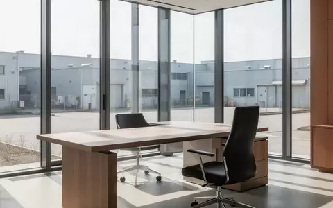 Ein leeres, modernes Büro mit einem hölzernen Schreibtisch und einem Bürostuhl in einem hellen, sonnendurchfluteten Raum. - Foto: über boerse-global.de