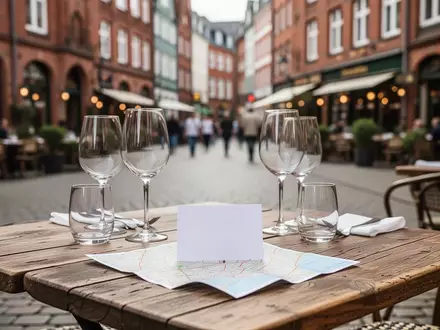Ein leerer Bistrotisch mit einem gefalteten Stadtplan vor einer unscharfen Kulisse aus historischen Hamburger Backsteingebäuden. - Foto: über boerse-global.de