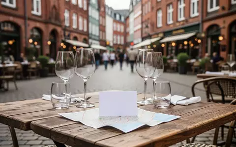 Ein leerer Bistrotisch mit einem gefalteten Stadtplan vor einer unscharfen Kulisse aus historischen Hamburger Backsteingebäuden. - Foto: über boerse-global.de