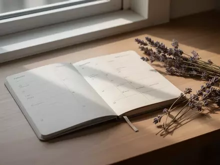 Ein minimalistischer Papierkalender liegt auf einem Holztisch, daneben ein Zweig Lavendel in sanftem Tageslicht. - Foto: über boerse-global.de