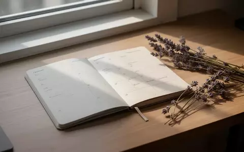 Ein minimalistischer Papierkalender liegt auf einem Holztisch, daneben ein Zweig Lavendel in sanftem Tageslicht. - Foto: über boerse-global.de