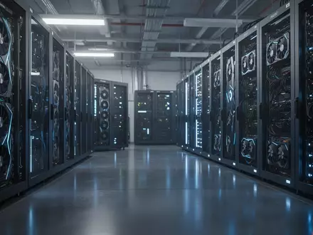 Moderne Serverräume mit leistungsstarken Hardware-Racks und blauer Beleuchtung in einem Rechenzentrum. - Foto: über boerse-global.de