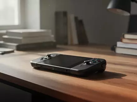 Ein modernes Handheld-Spielgerät liegt auf einem Schreibtisch in einer ruhigen, minimalistischen Arbeitsumgebung. - Foto: über boerse-global.de