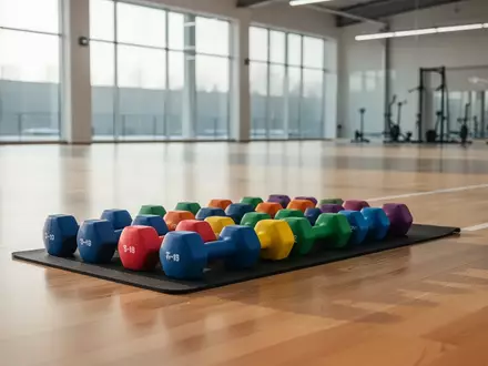 Leere, helle Sportstätte mit ordentlich aufgereihten, bunten Kurzhanteln und einer Sportmatte auf einem Holzboden. - Foto: über boerse-global.de
