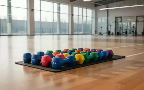 Leere, helle Sportstätte mit ordentlich aufgereihten, bunten Kurzhanteln und einer Sportmatte auf einem Holzboden. - Foto: über boerse-global.de