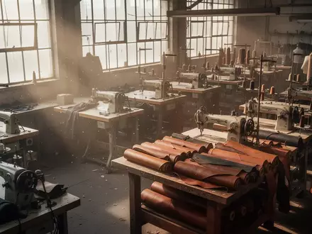 Leere Werkstatt einer Taschenmanufaktur mit ungenutzten Nähmaschinen und Materialrollen in einer ruhigen Industriehalle. - Foto: über boerse-global.de