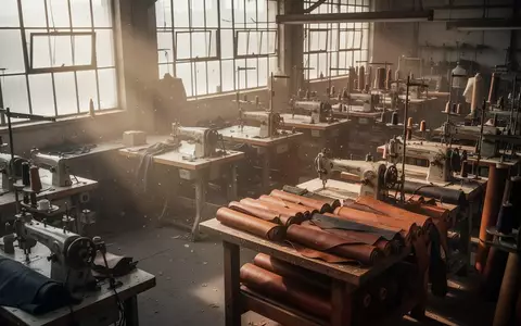 Leere Werkstatt einer Taschenmanufaktur mit ungenutzten Nähmaschinen und Materialrollen in einer ruhigen Industriehalle. - Foto: über boerse-global.de
