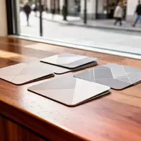 Mehrere minimalistische Gutscheinkarten liegen auf einer hölzernen Ladentheke vor einem unscharfen Hintergrund. - Foto: über boerse-global.de