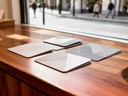 Mehrere minimalistische Gutscheinkarten liegen auf einer hölzernen Ladentheke vor einem unscharfen Hintergrund. - Foto: über boerse-global.de