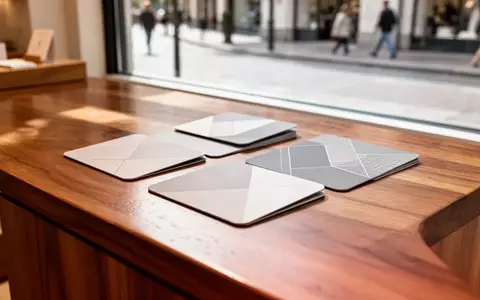 Mehrere minimalistische Gutscheinkarten liegen auf einer hölzernen Ladentheke vor einem unscharfen Hintergrund. - Foto: über boerse-global.de