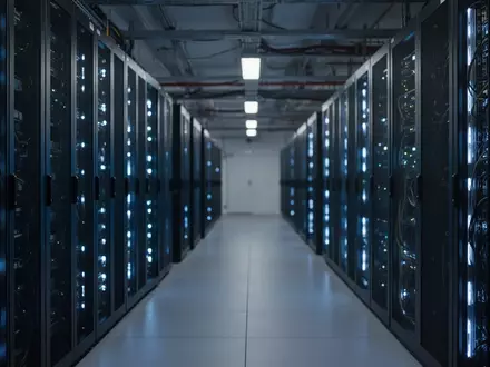 Reihen von leuchtenden Server-Racks in einem modernen Rechenzentrum als Symbol für digitale Sicherheit und Infrastruktur. - Foto: über boerse-global.de