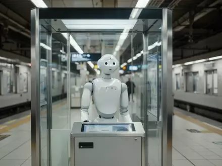 Ein humanoider Roboter an einem modernen Informationsschalter in einer hellen U-Bahn-Station der Osaka Metro. - Foto: über boerse-global.de