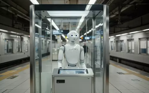 Ein humanoider Roboter an einem modernen Informationsschalter in einer hellen U-Bahn-Station der Osaka Metro. - Foto: über boerse-global.de
