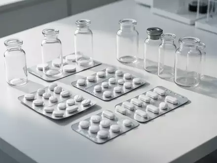 Arzneimittelpackungen und leere Medizinfläschchen auf einem sterilen Labortisch bei natürlichem Licht. - Foto: über boerse-global.de