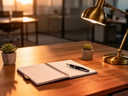 Ein minimalistischer, aufgeräumter Schreibtisch aus Holz bei Sonnenuntergang mit Notizbuch, Stift und Schreibtischlampe. - Foto: über boerse-global.de