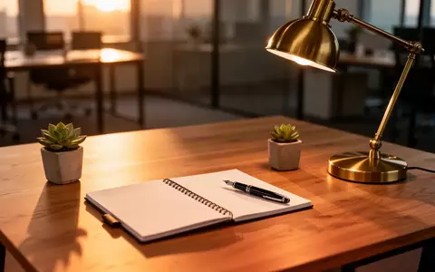 Ein minimalistischer, aufgeräumter Schreibtisch aus Holz bei Sonnenuntergang mit Notizbuch, Stift und Schreibtischlampe. - Foto: über boerse-global.de