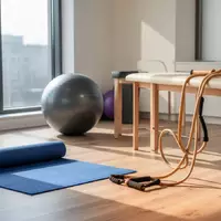 Ein minimalistischer Physiotherapieraum mit einer Yogamatte und einem Gymnastikball im natürlichen Sonnenlicht. - Foto: über boerse-global.de