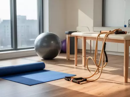 Ein minimalistischer Physiotherapieraum mit einer Yogamatte und einem Gymnastikball im natürlichen Sonnenlicht. - Foto: über boerse-global.de