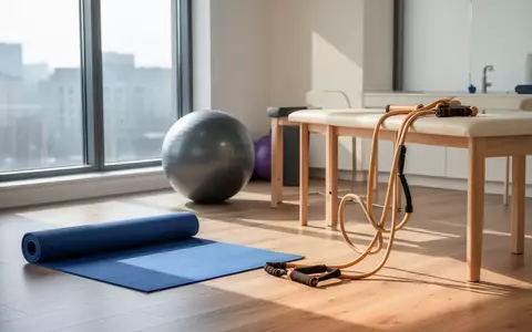 Ein minimalistischer Physiotherapieraum mit einer Yogamatte und einem Gymnastikball im natürlichen Sonnenlicht. - Foto: über boerse-global.de