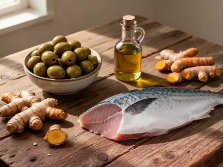 Frische mediterrane Zutaten wie Olivenöl, Kurkuma, Ingwer und Fisch auf einem Holztisch als Symbol für entzündungshemmende Ernährung. - Foto: über boerse-global.de