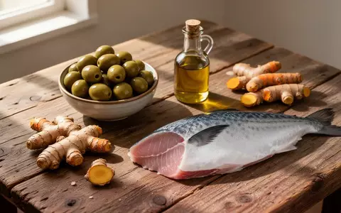 Frische mediterrane Zutaten wie Olivenöl, Kurkuma, Ingwer und Fisch auf einem Holztisch als Symbol für entzündungshemmende Ernährung. - Foto: über boerse-global.de