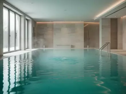 Ein modernes, minimalistisches Thermalbad mit türkisfarbenem Wasser und sanftem, natürlichem Licht in einer Wellness-Einrichtung. - Foto: über boerse-global.de