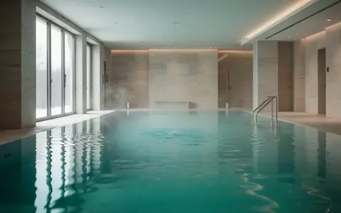 Ein modernes, minimalistisches Thermalbad mit türkisfarbenem Wasser und sanftem, natürlichem Licht in einer Wellness-Einrichtung. - Foto: über boerse-global.de