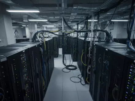 Dunkler Serverraum einer Behörde mit beleuchteten Serverschränken und komplexer Verkabelung. - Foto: über boerse-global.de