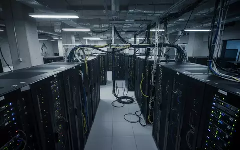 Dunkler Serverraum einer Behörde mit beleuchteten Serverschränken und komplexer Verkabelung. - Foto: über boerse-global.de
