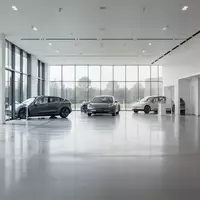 Ein minimalistischer, heller Ausstellungsraum in einem modernen Autohaus mit poliertem Boden und Fahrzeugen im Hintergrund. - Foto: über boerse-global.de