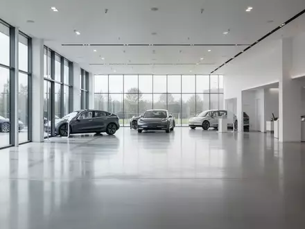 Ein minimalistischer, heller Ausstellungsraum in einem modernen Autohaus mit poliertem Boden und Fahrzeugen im Hintergrund. - Foto: über boerse-global.de