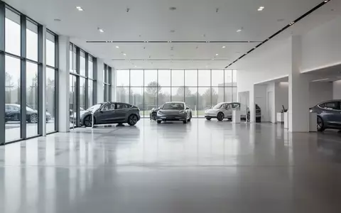 Ein minimalistischer, heller Ausstellungsraum in einem modernen Autohaus mit poliertem Boden und Fahrzeugen im Hintergrund. - Foto: über boerse-global.de
