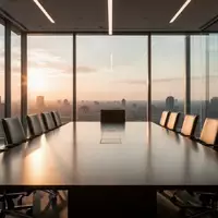 Moderner, minimalistischer Konferenzraum in einem Bürogebäude mit tiefstehendem Sonnenlicht und leeren Stühlen. - Foto: über boerse-global.de
