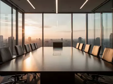 Moderner, minimalistischer Konferenzraum in einem Bürogebäude mit tiefstehendem Sonnenlicht und leeren Stühlen. - Foto: über boerse-global.de