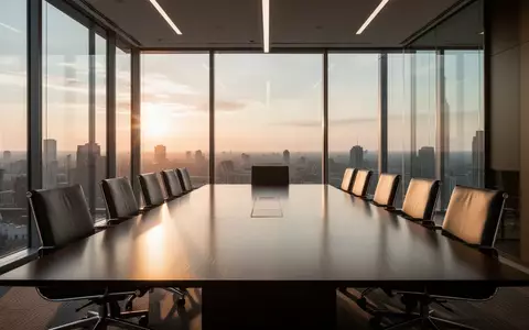 Moderner, minimalistischer Konferenzraum in einem Bürogebäude mit tiefstehendem Sonnenlicht und leeren Stühlen. - Foto: über boerse-global.de