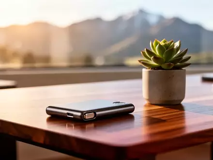 Ein moderner Schreibtisch mit einer Hardware-Wallet für Kryptowährungen vor einem unscharfen Fenster mit Berglandschaft. - Foto: über boerse-global.de