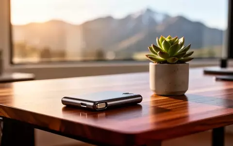 Ein moderner Schreibtisch mit einer Hardware-Wallet für Kryptowährungen vor einem unscharfen Fenster mit Berglandschaft. - Foto: über boerse-global.de