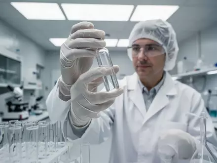 Wissenschaftler in einem modernen Labor bei der Untersuchung einer Glasampulle mit einer klaren Flüssigkeit. - Foto: über boerse-global.de
