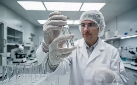 Wissenschaftler in einem modernen Labor bei der Untersuchung einer Glasampulle mit einer klaren Flüssigkeit. - Foto: über boerse-global.de