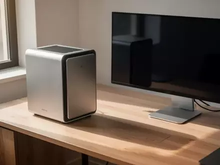 Ein moderner, minimalistischer Arbeitsplatz mit einem kompakten Aluminium-Computergehäuse auf einem hellen Holztisch. - Foto: über boerse-global.de