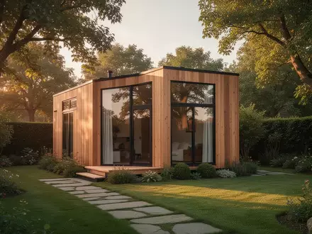 Ein modernes, minimalistisches Tiny House in einem gepflegten Garten bei warmem Licht. - Foto: über boerse-global.de